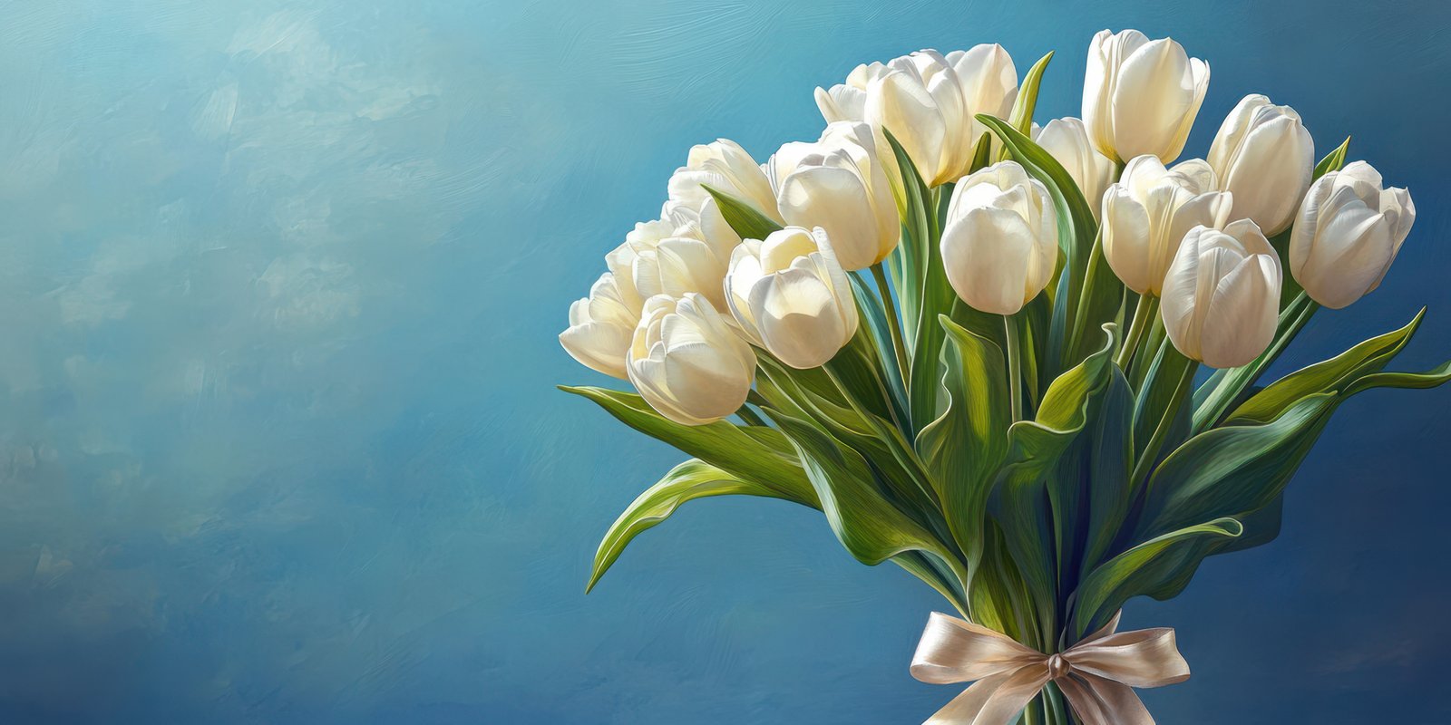 White tulips arranged elegantly in a bouquet against a soft blue background
